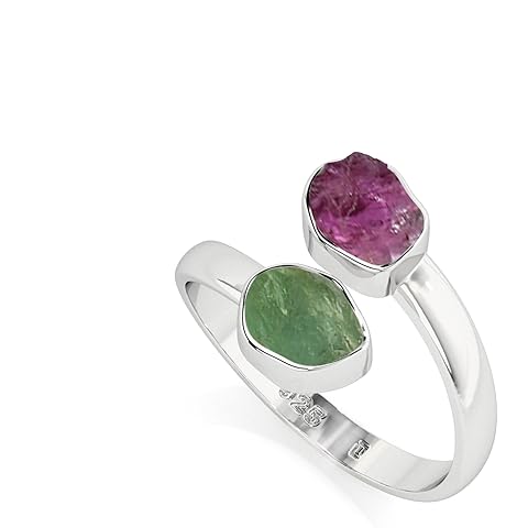 Natural Raw/Rough Green & Pink Tourmaline 2 Stone Size Adjustable Stackable Twister...