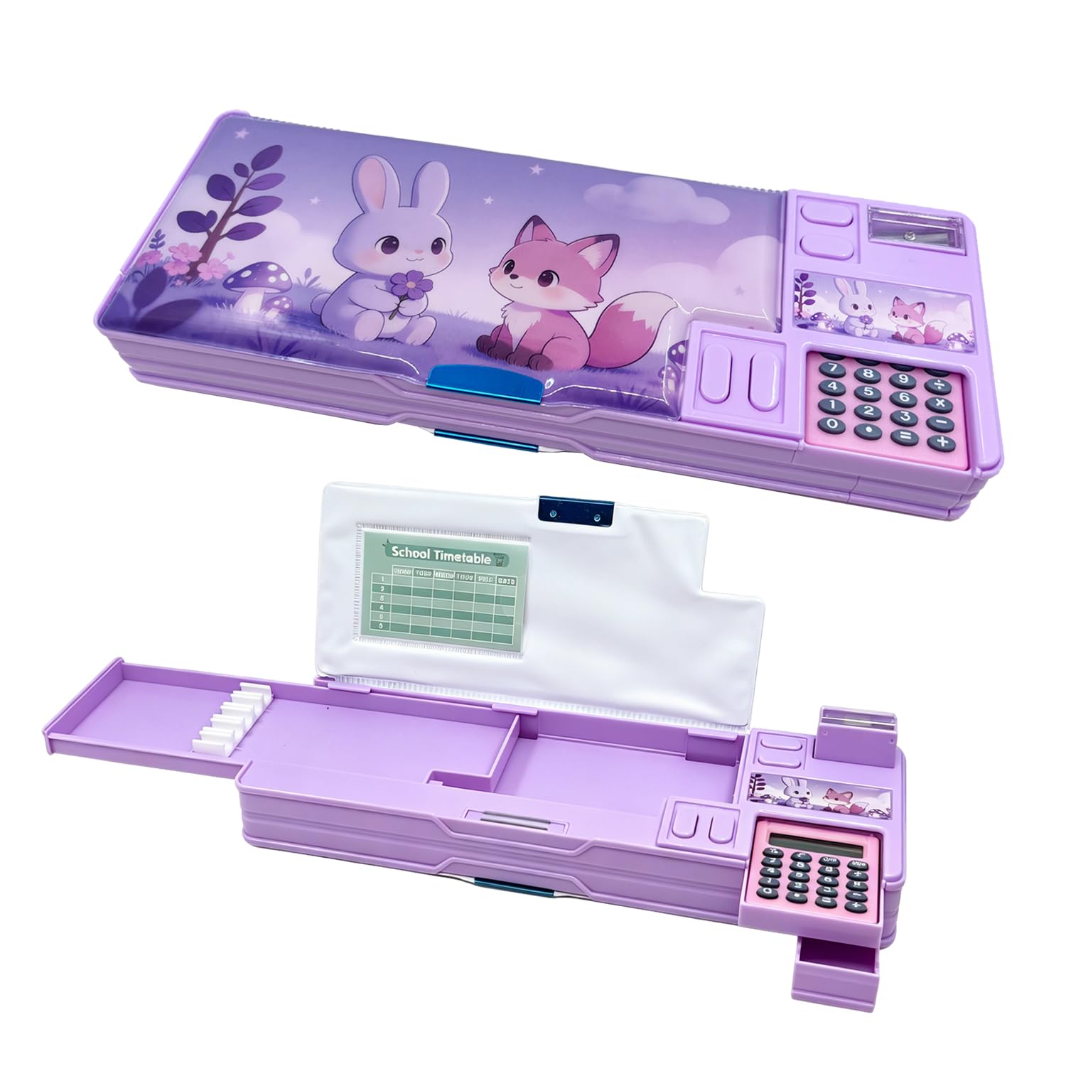 LilyBeauty Pop up Multifunction Pencil Case with Calculator, Pencil Box with Sharpener for Girls & Boys, Magnetic Closure with Compartments, Purple