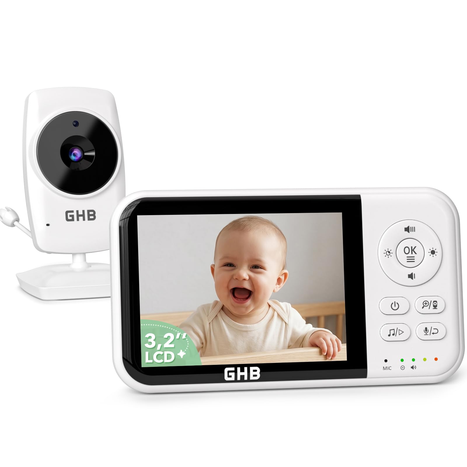 GHB Babyphone mit Kamera 3,2 Zoll LCD 2100 mAh Akku ECO Modus 60 Stunden 2X Zoom Gegensprechen Temperatursensor Nachtsicht