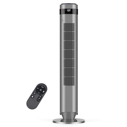 OLIXIS Tower Fan for Bedroom, 28dB Quiet Floor Standing Fan with Remote, 12H Timer, 5 Speeds, 4 Modes, LED Display, Portable Bladeless Oscillating Cooling Fan for Indoor, Home, Office - Grey