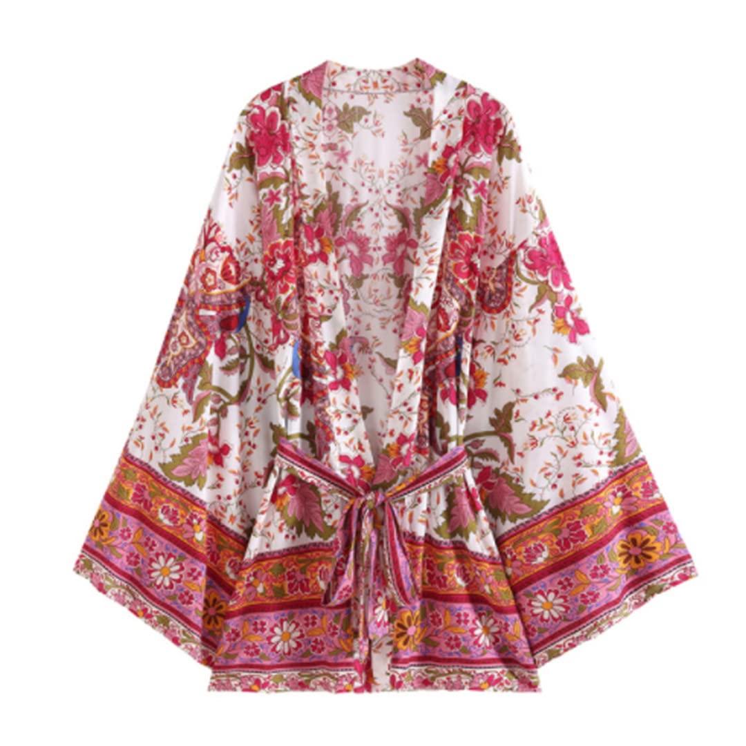 Dninmim Kimono court pour femme avec col en V imprimé floral vintage, blanc, S