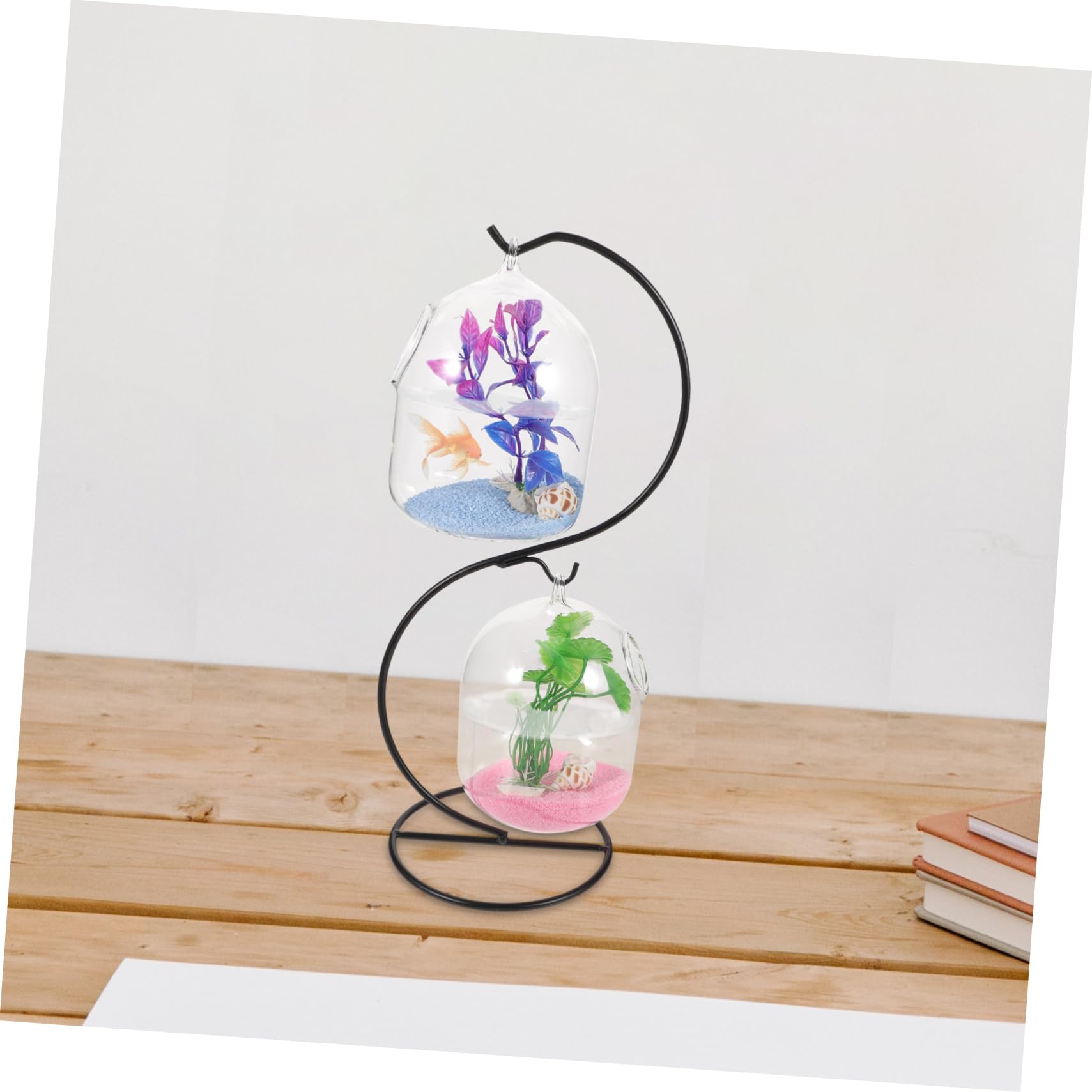 BESTOYARD 1 ensemble d'aquarium en verre à suspendre avec support - Petit aquarium de bureau - Accessoires de poisson - Réservoir délicat Betta - Aquarium de bureau - Mini aquarium en fer