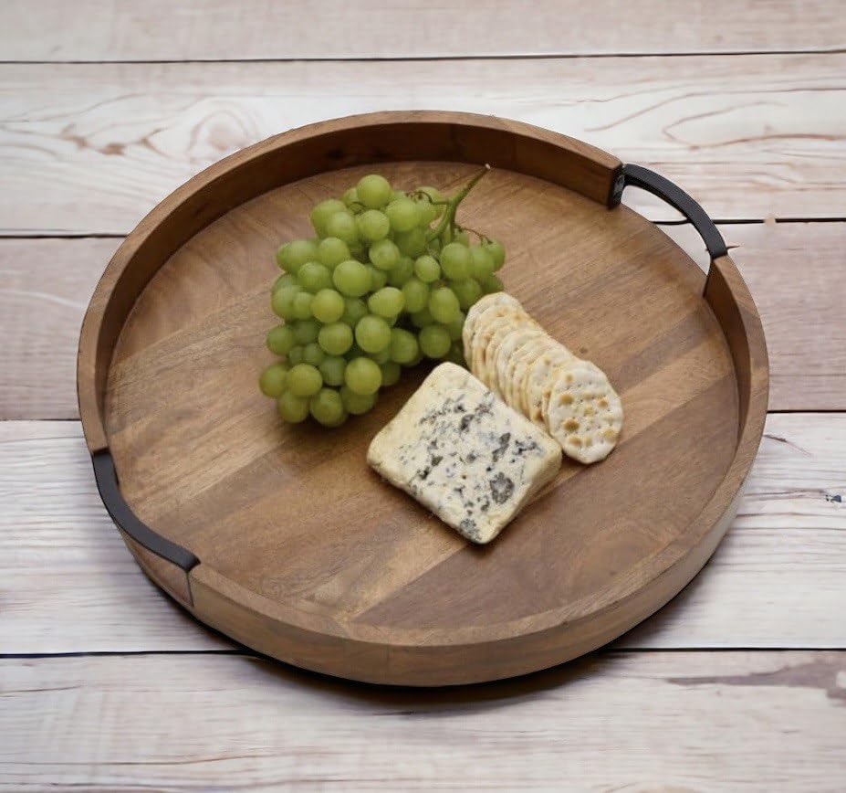 Craft Expertise Rustic Handcrafted Round Wooden Serving Tray with Iron Handle Medium Size 11" x 11" x 1.5" - Decorative Natural Tray for Coffee Table Ottoman Breakfast Kitchen D�cor Brown 1