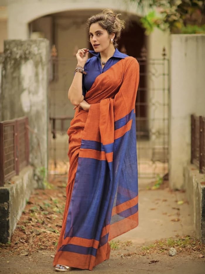 Image of Women's Cotton Woven Soft Sarees With Attach Blouse Piece.