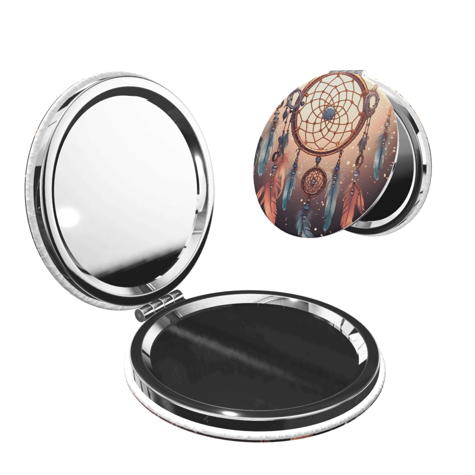 Fodpand Women's Round Shape Native American Dream Catcher Compact Mirror For Purse, 2X/1X Travel Magnifying Mirror For Pu Leather Handheld Makeup Mirror For Girls, Folding Beauty Mirror Portable Pocket Cosmetic Mirror