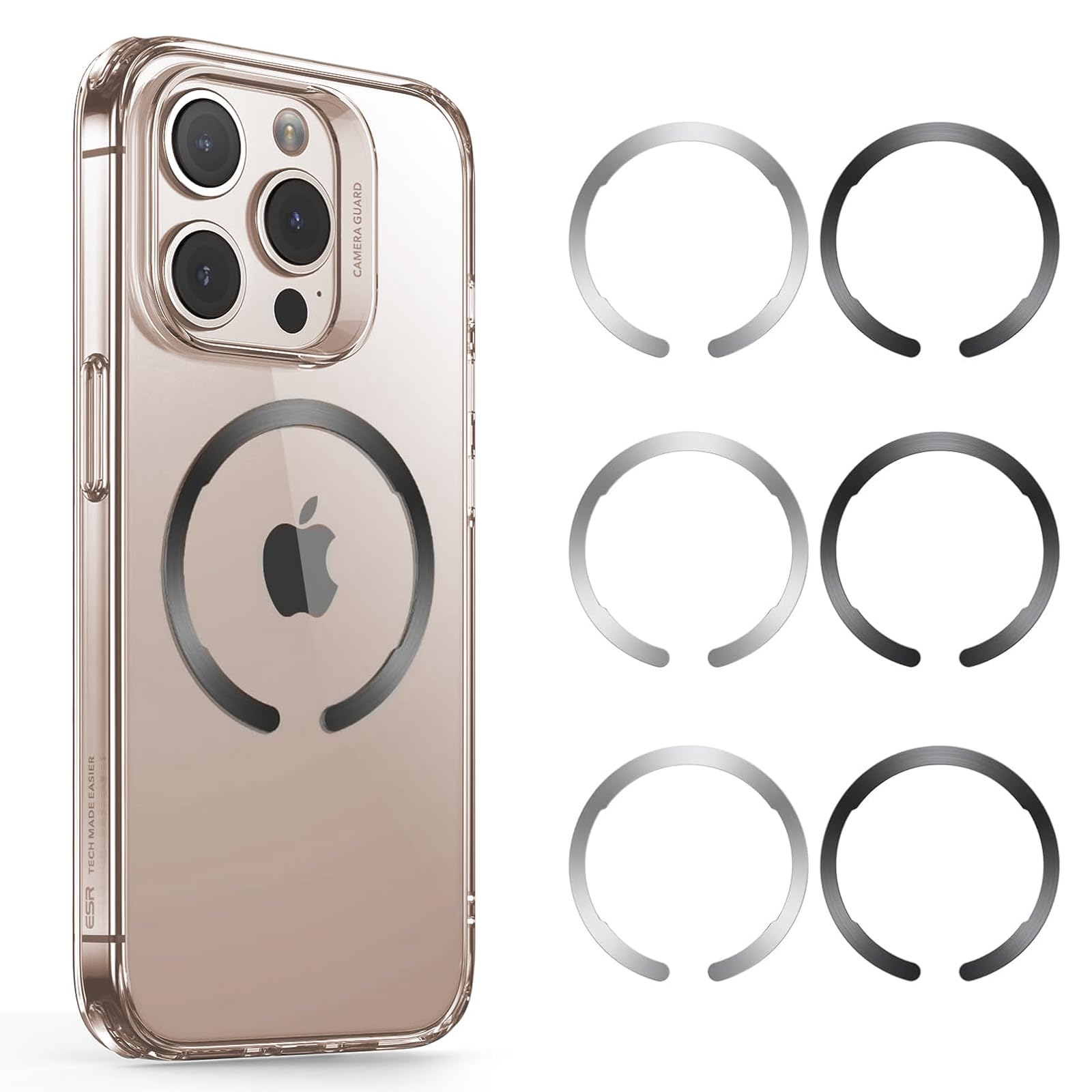 ESR Pack of 6 Magnetic Ring Stickers for MagSafe Ring, MagSafe Sticker, Universal Magnet Wireless Charging Conversion Kit, for iPhone 16/16e/15/14/13/12/11, Samsung S24/S23/S21/S20, Black and Silver
