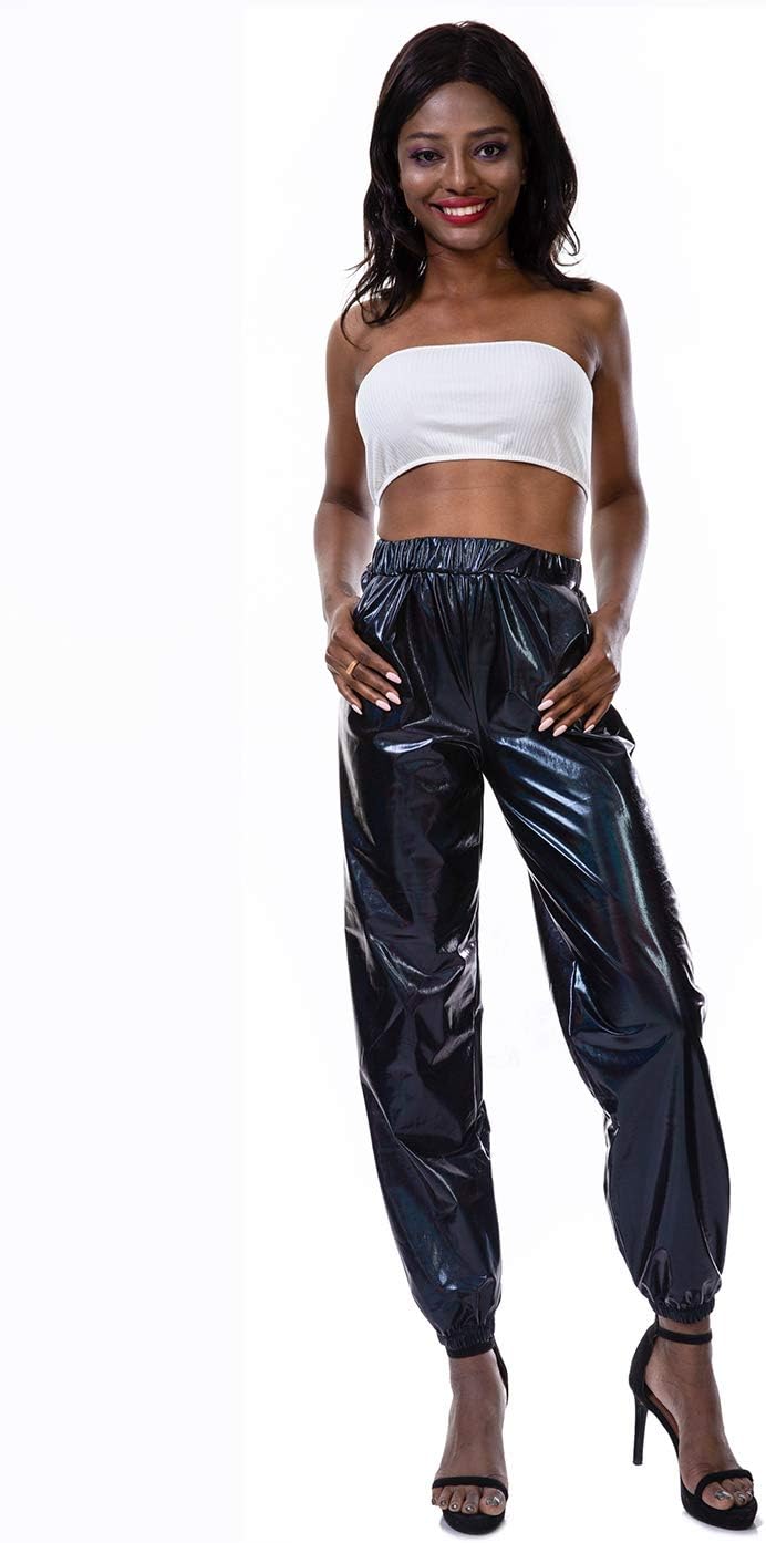 SIAEAMRG Womens Shiny Metallic High Waist Stretchy Jogger Pants, Wet Look Hip Hop Club Wear Holographic Trousers Sweatpant - Image 4