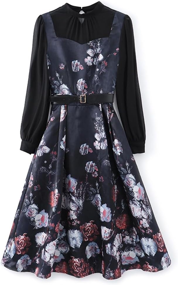 JSEIAJB French Retro Printed Patchwork Fake Two-Piece Waistband A-line Large Hem Dress for Autumn and Winter(XL)