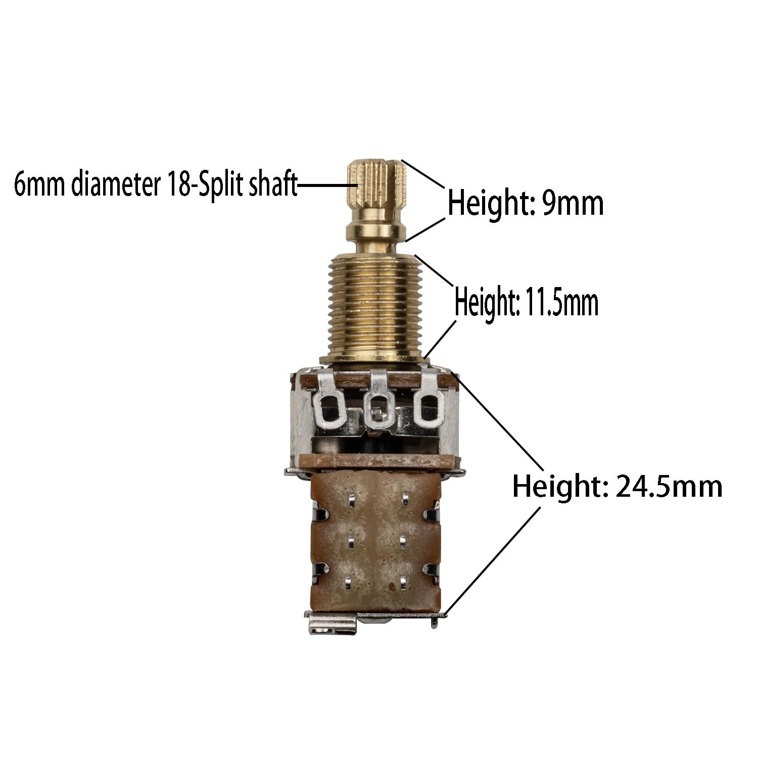 Potenciómetro de latón de empuje B250K de eje largo de 18 ranuras, rosca de 9,4 mm, control de tono de guitarra/volumen (juego de 4)