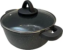 Panela Caçarola De Aluminio E Revestimento Cerâmico Tacho com Tampa em Vidro e Pegador em Silicone (Cinza Granito, 2L | 20cm)