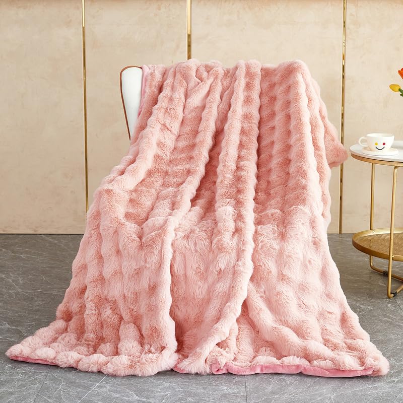 Mingfuxin Luxury Faux Rabbit Fur Throw Blanket, Warm Soft Cozy Plush Fleece Blankets Fluffy Thick Double Layer 1200 GSM Blankets Bed Throws for Living Room Bedroom Sofa Couch Bed