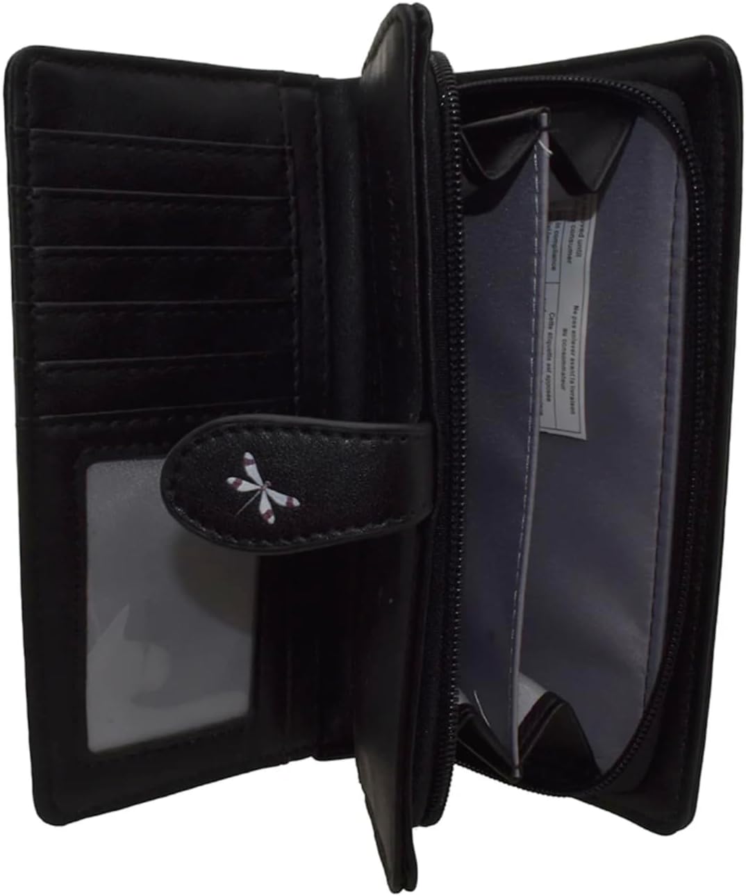 Shag Wear Dragonfly Meadow Large Wallet Vegan Faux Leather Nature Design Clutch with Card Slots Bill Compartments ID Window Zippered Coin Pocket 7" Black
