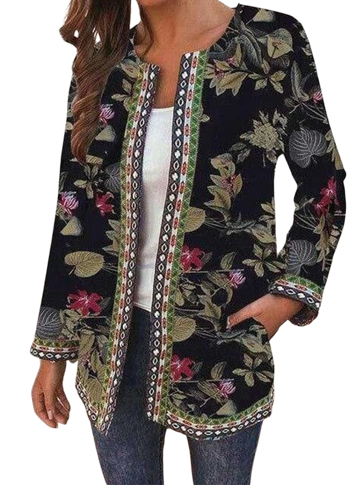 Womens Plus Size Boho Ethnic Print Open Front Cardigan Trendy Fall Retro Casual Loose Long Sleeve Jacket with