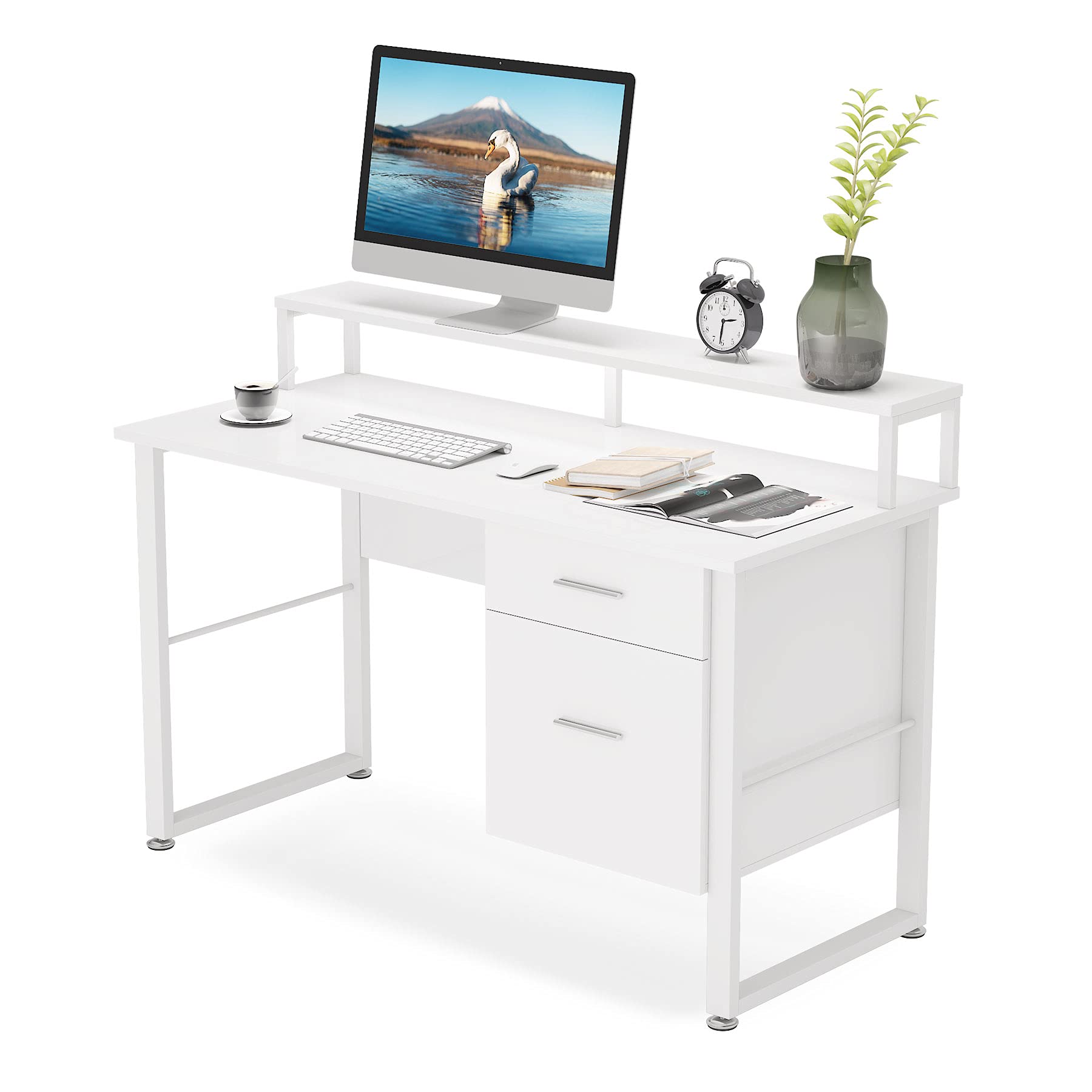 Tribesigns 47 Inches Computer Desk with Hutch, Modern Writing Desk with 2 Drawers Storage, PC Laptop Study Table Workstation for Home Office (High Gloss White)