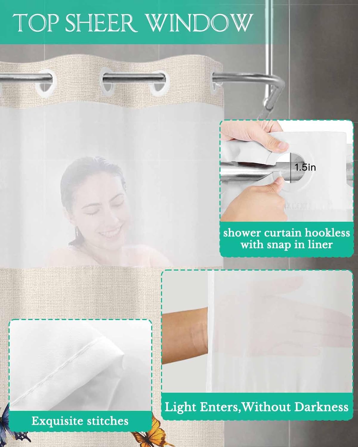 No Hook Shower Curtain with Snap in Fabric Liner Set-Colorful Lavender Daisy on Linen Bathroom Curtains with See Through Mesh Top Window,Summer Flower Waterproof Double Shower Curtain 36x72In