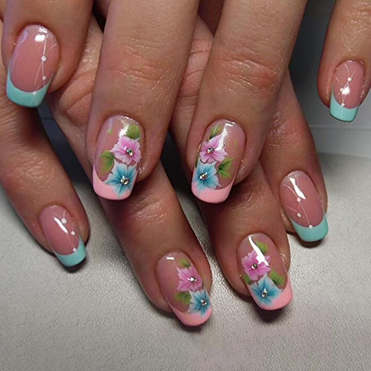 24Pcs Pink & Blue French Press on Nails Short Square Fake Nails with Flower Rhinestone Designs Nude Pink Stick on Nails Glossy False Nails Spring Glue