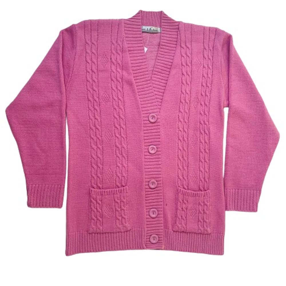 F & S LTD Ladies Womens Pattern Knitted Cardigan with Button up Closure with Pockets Size S-XL (Pink, L-XL)