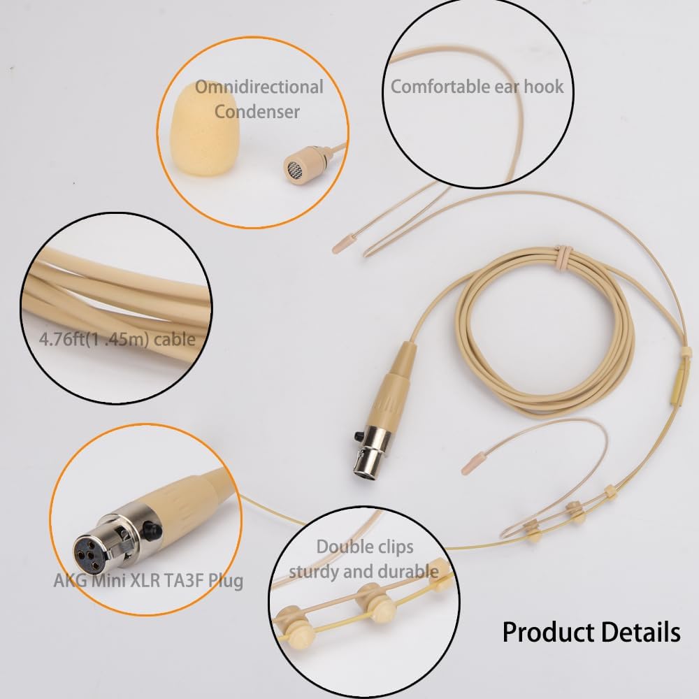 YXG Headworn Earset Over Ear Hanging Mic Low Profile Light-Weight Microphone Compatible with Shure Wireless System Bodypack Transmitter with 1.45m Cable Mini XLR 4 Pin TA4F Plug(Skin Tone), Beige MIC - Image 4