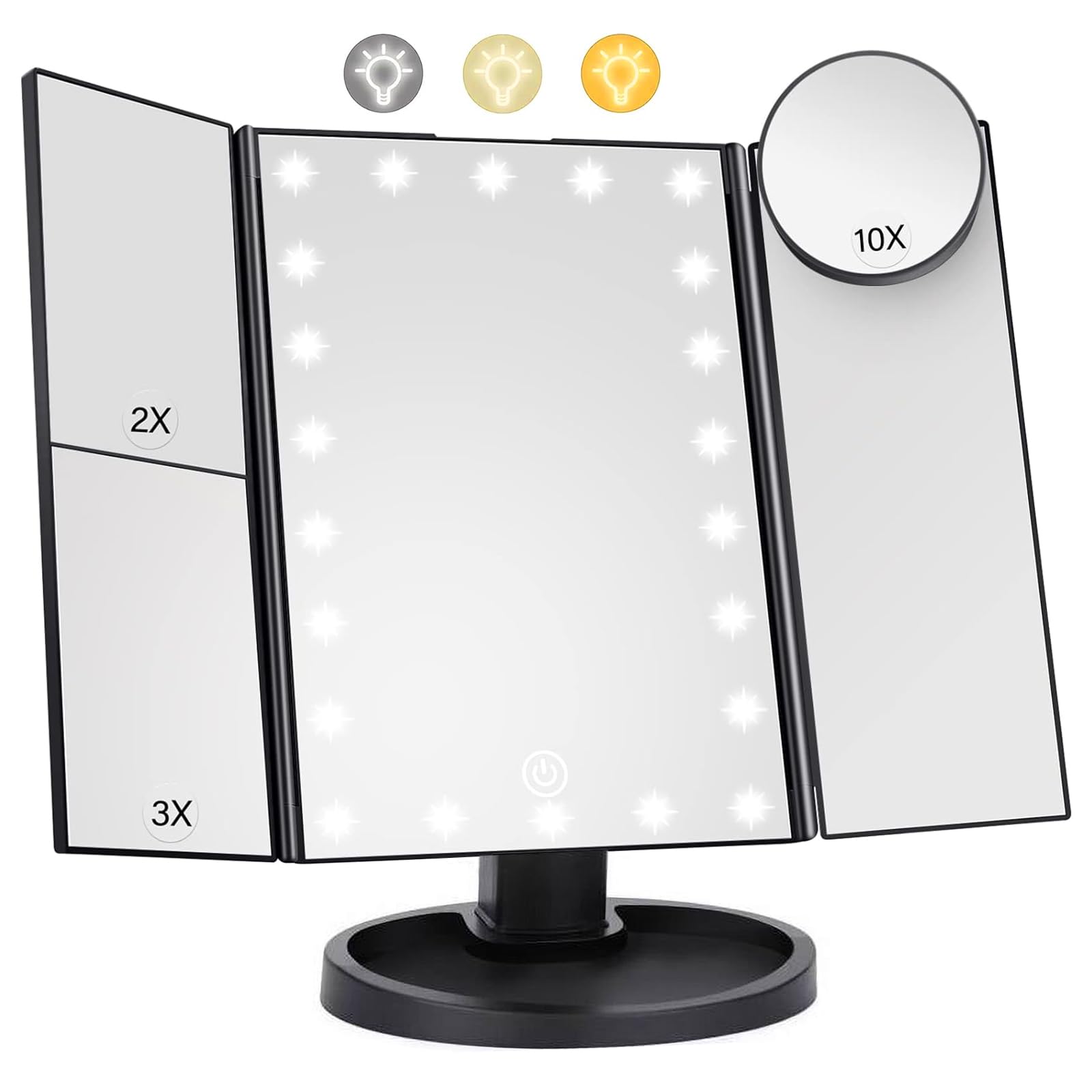 HUACA Miroir de maquillage LED avec commode lumineuse Miroir de maquillage à trois côtés 22