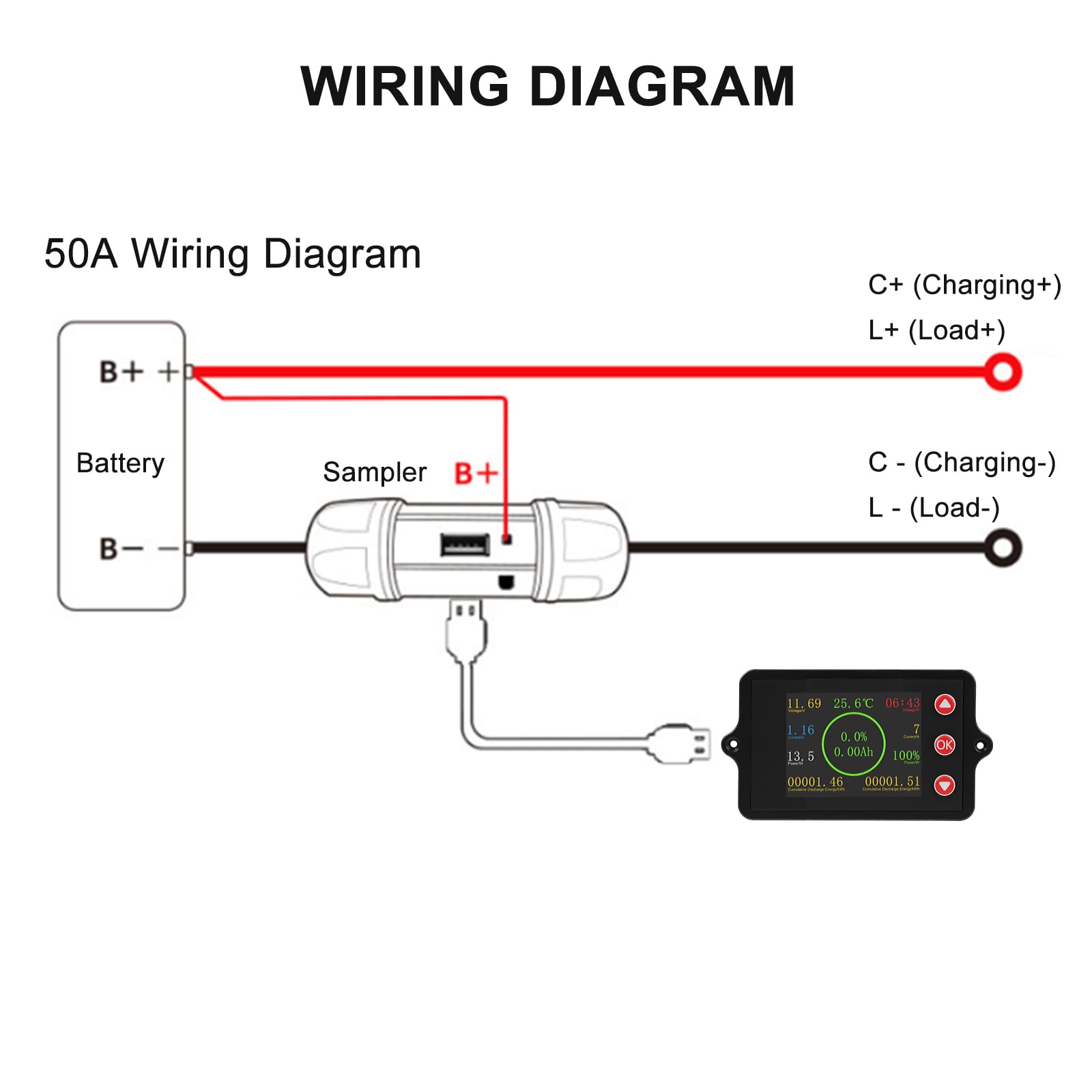 Wielofunkcyjny monitor baterii, kolorowy wyświetlacz, DC8-100 V, natężenie prądu, napięcie, moc, pozostała pojemność, czas ładowania, angielska jednostka główna + bocznik 50 A z czystej miedzi + 2 m