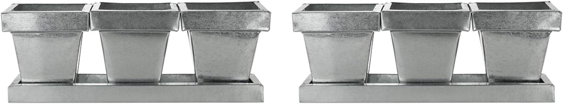 Farmhouse Flower Pot Set with Tray - Vintage Rustic Planter - Galvanized Steel for Indoor and Outdoor Use (2 Sets)