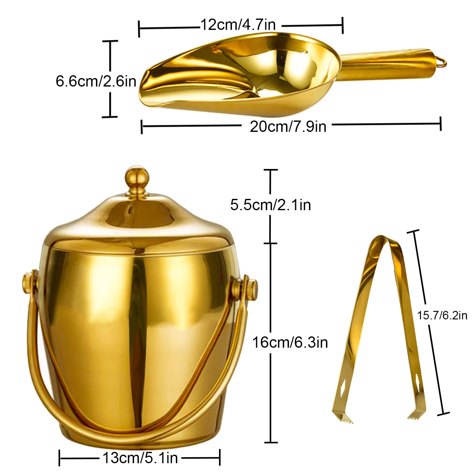 Cubitera De Champán Con Tapa Cuchara, Para Barra Vino, Congelador, Cubo Hielo Soporte Asa Transporte, Acero Inoxidable Fiestas, Bares, Hogar, Dorado, 2 L