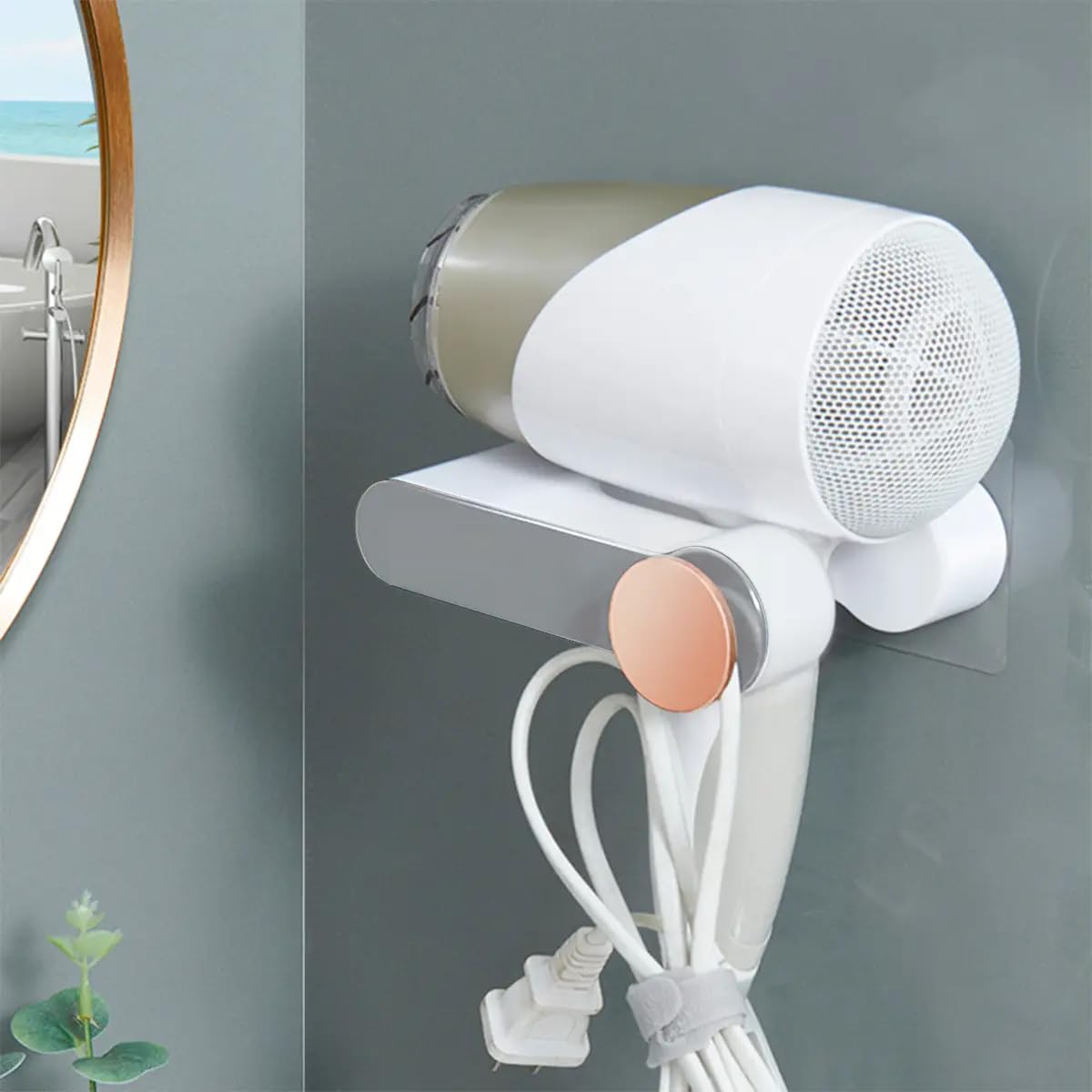 Hair Dryer Stand Holder Wall Mounted, Hair Care Tools Holder Self Adhesive Compatible for Hair Dryer Holder Cute Hairdryer Storage Organizer and Modern Blowdryer ABS Plastic -Grey-1-image-36
