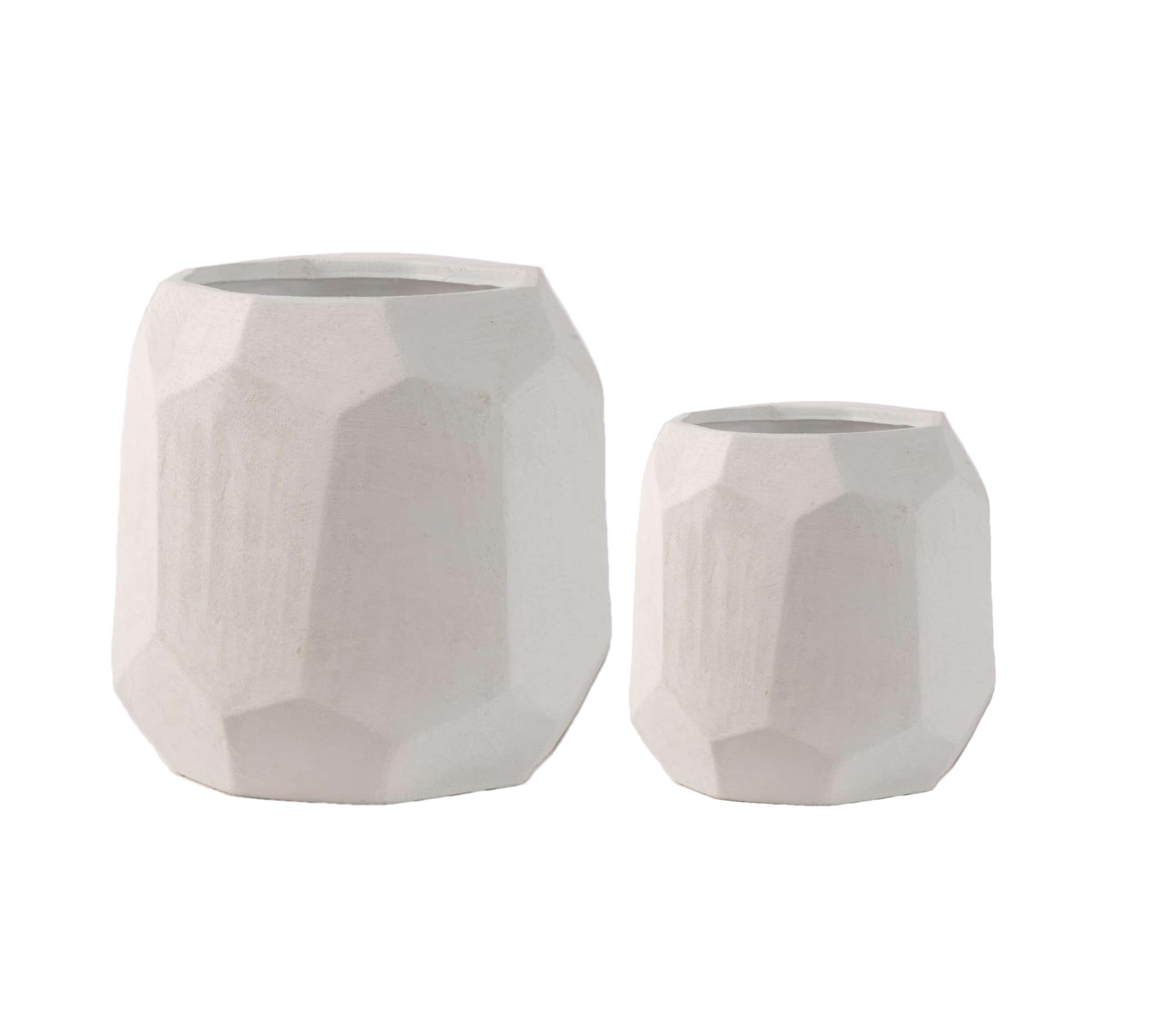 Olly & Rose Leon Geometric Ceramic Plant Pots Set 2 - White 22cm and 17cm diameter Large Plant Pots Outdoor and Indoor - White Planters - Flower Pots