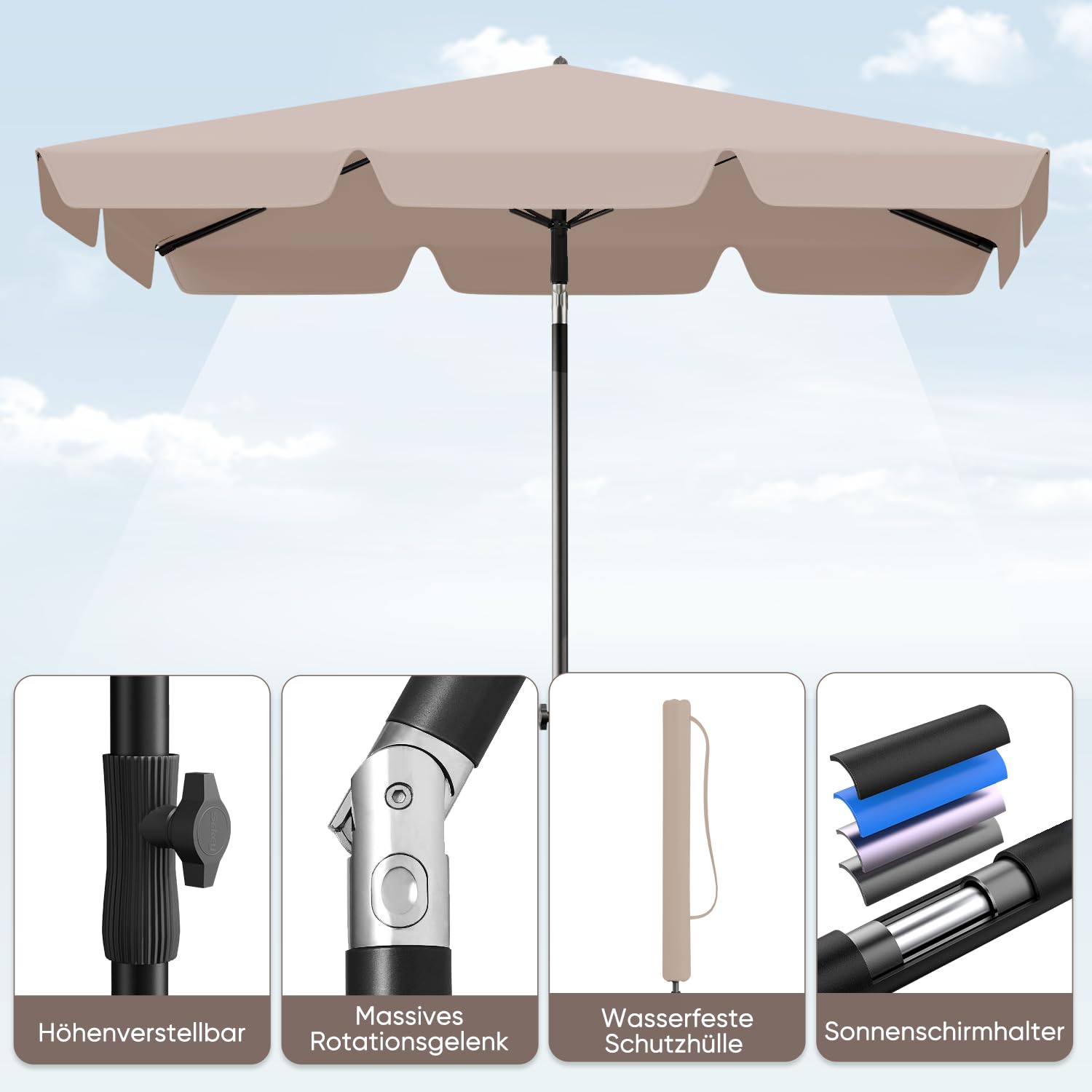 Sekey Sonnenschirm Balkon mit Sonnenschirmhülle, Sonnenschirm Rechteckig mit UPF50+ & GRS-zertifiziert für Balkon, Terrasse & Garten