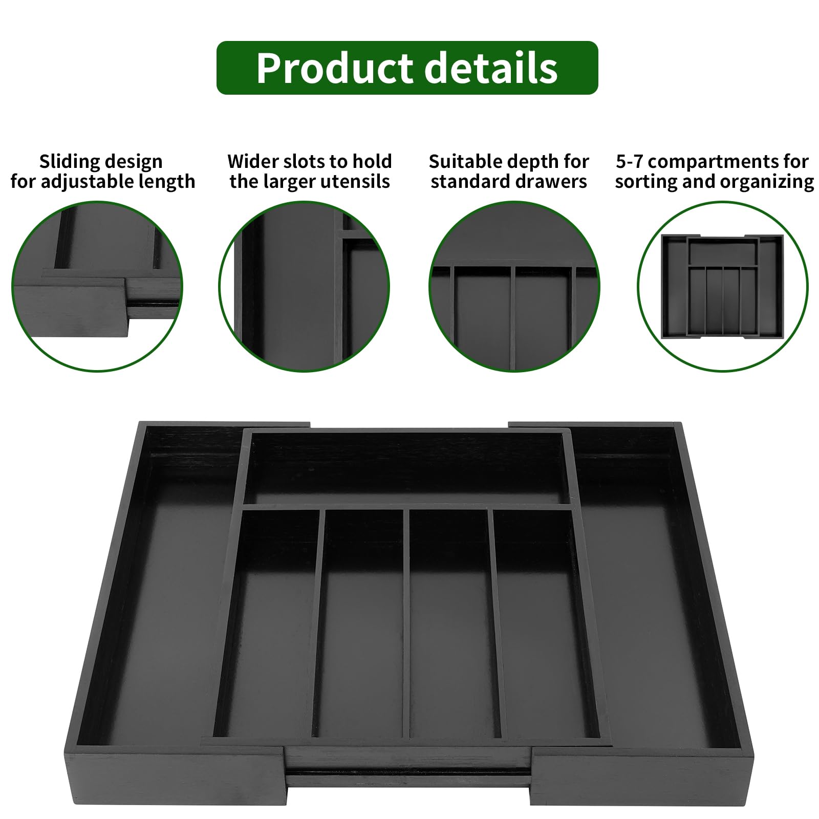 VaeFae Organizer da cucina allungabile in bambù per posate, portautensili in legno, organizer per cassetti multifunzione (nero)