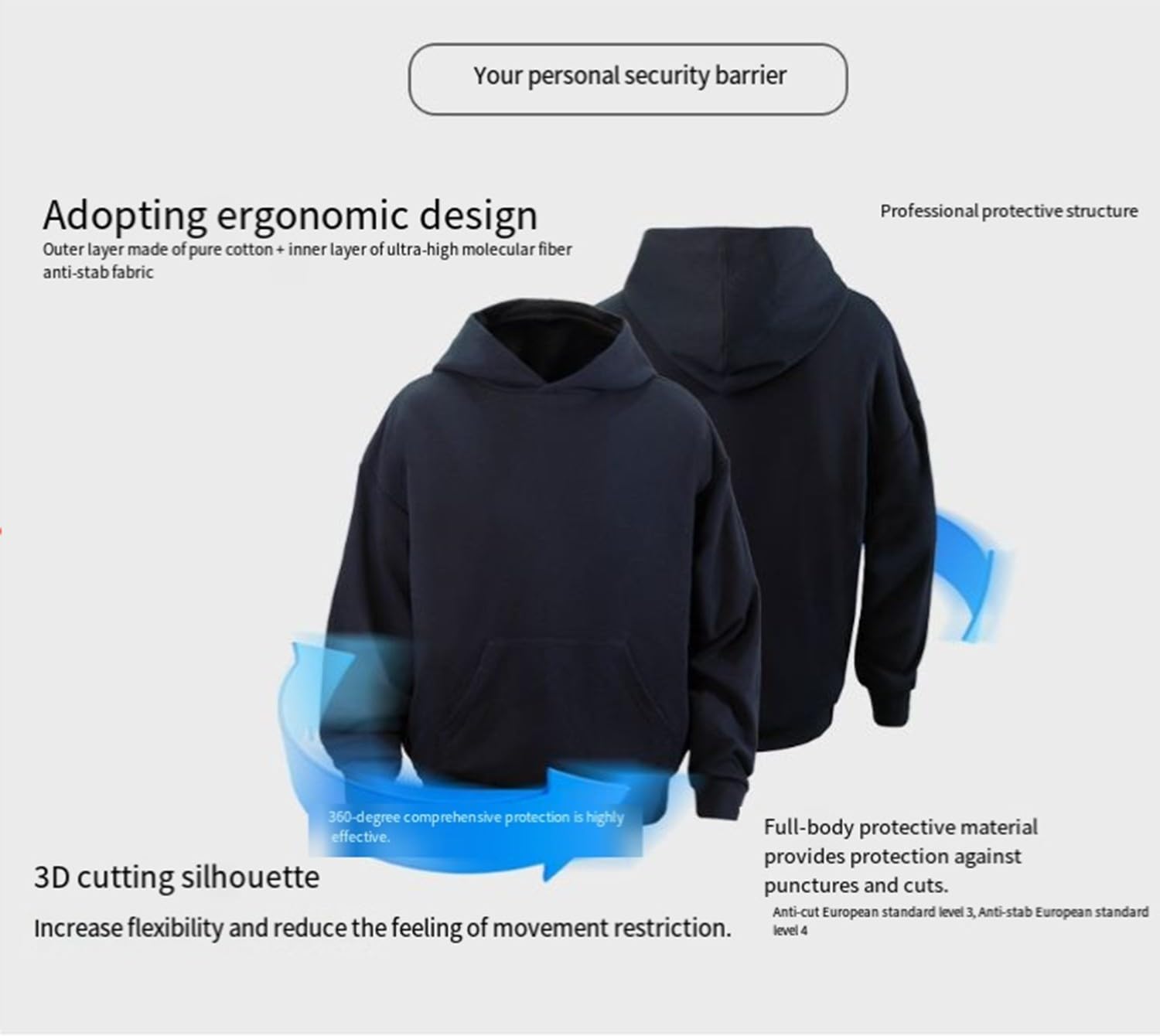 BLUEZY Ropa Antipuñaladas Chaqueta Táctica, Chalecos Anticortes Y Antipuñaladas Ropa De Seguridad Anticortes Chaleco Security para Protección De Seguridad Personal XL