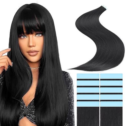 Extensiones de cabello con cinta invisible para mujer, extensiones de cabello negro de 20 pulgadas, extensiones de cabello sintético suave natural