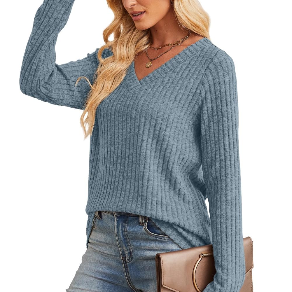 Camisetas de otoño para mujer, ligeras, de manga larga, cuello en V, camisas para mujer, ropa informal de otoño
