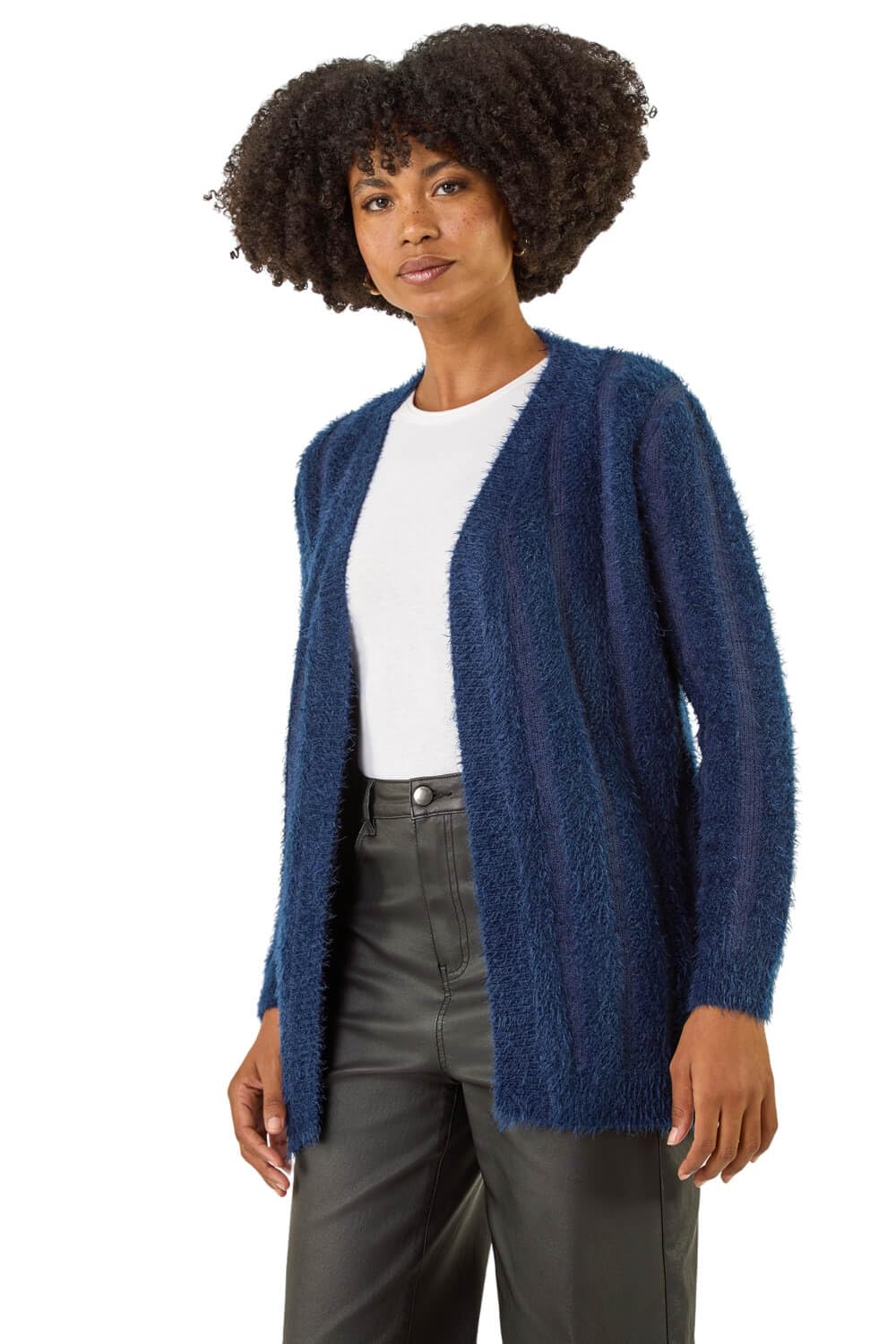 Roman Women's Navy Fluffy Textured Knit Longline Cardigan In Size 10