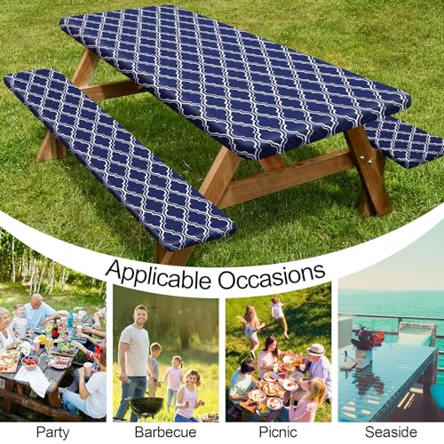 Image of Picnic Table Cover with Bench Covers 6FT 3 Pcs Waterproof Windproof Aesthetic Camping Tablecloth with Drawstring Bag, Fitted for 6 Foot Rectangle Tables and Seats, 72 inch, Navy Blue Morocco