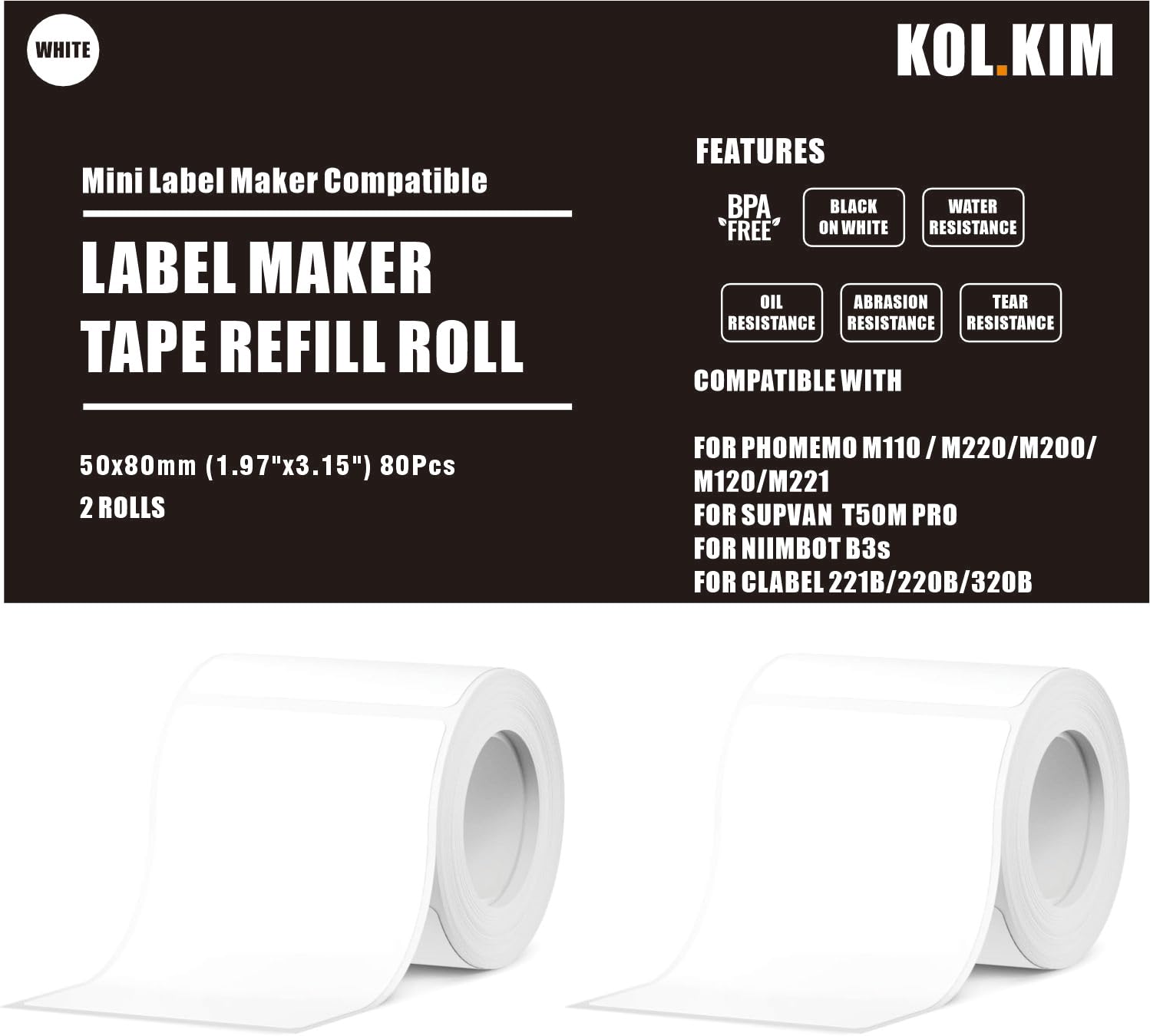 Ruban Adhésif T50M Pro Labels 50x80mm Blanc pour Étiqueteuse Phomemo M220 - Lot de 2 Rouleaux Compatibles NIIMBOT B3S SU