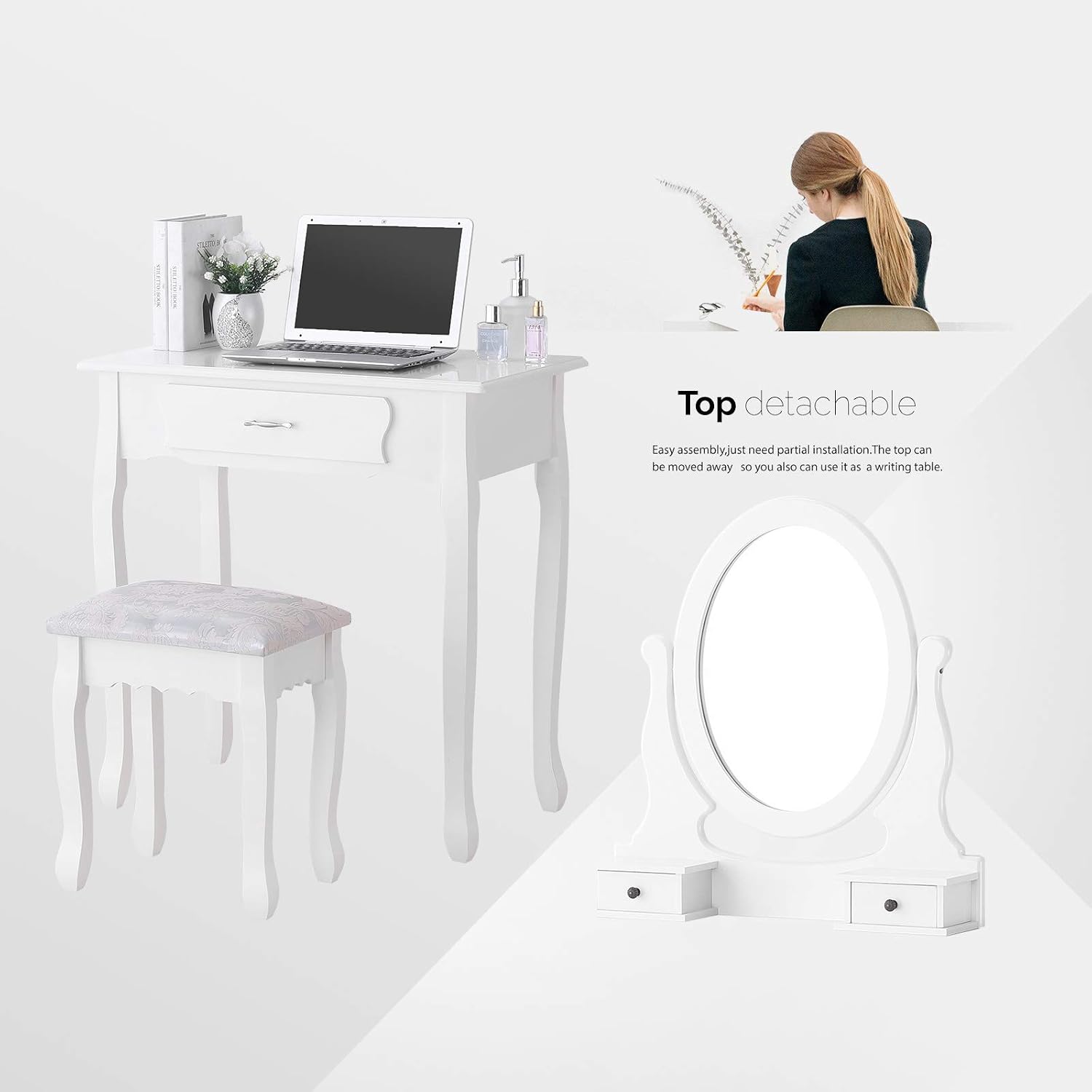 Mecor Makeup Vanity Sets with Oval Mirror, Wood Dressing Table w/Cushioned Stool ,3 Drawers Girls Women Bedroom Makeup Table White