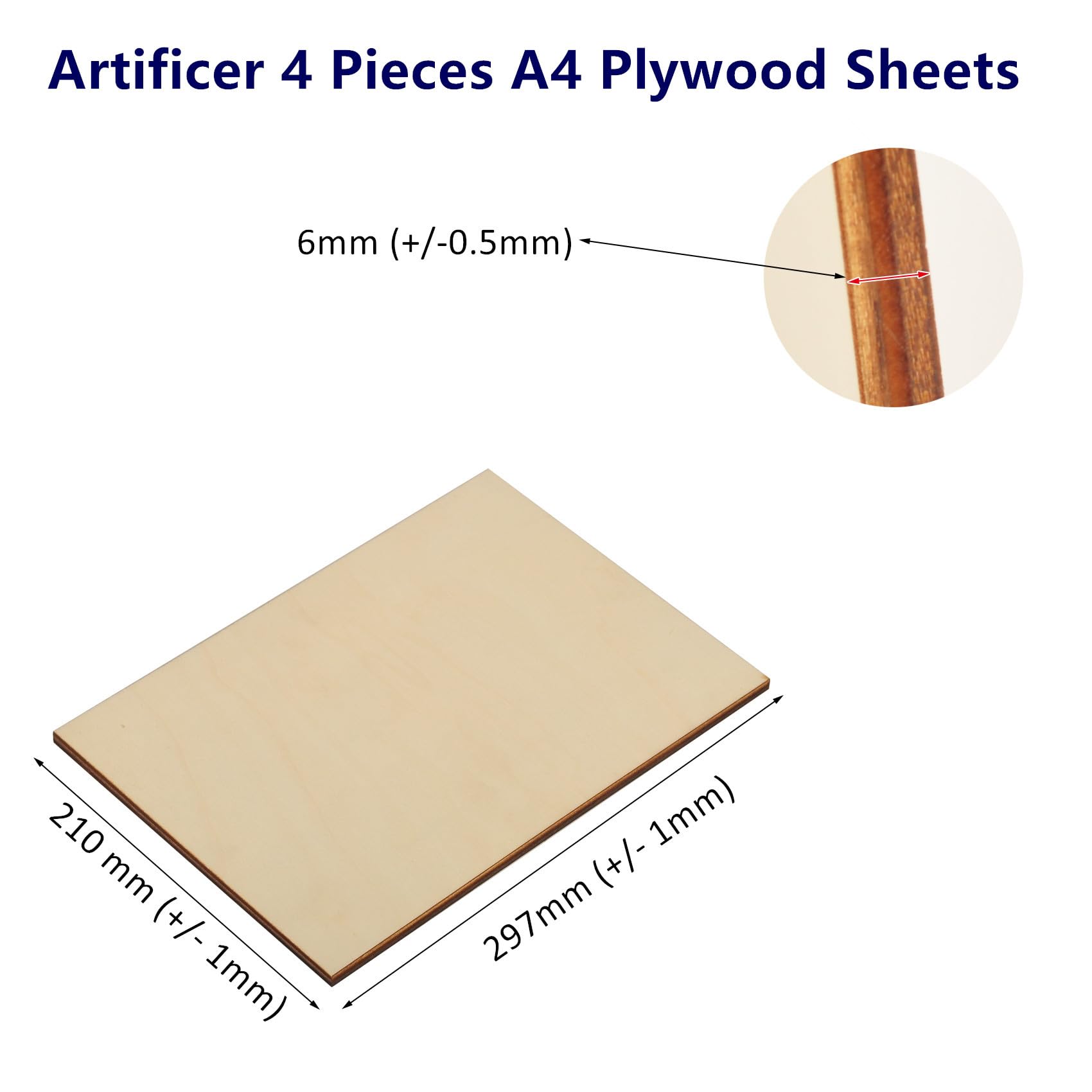Artificer 6mm (1/4") Thick Basswood Plywood Sheets for Crafts, 4 x A4 (210x297mm) Wooden Blanks for Laser Cutting Engraving - Image 2
