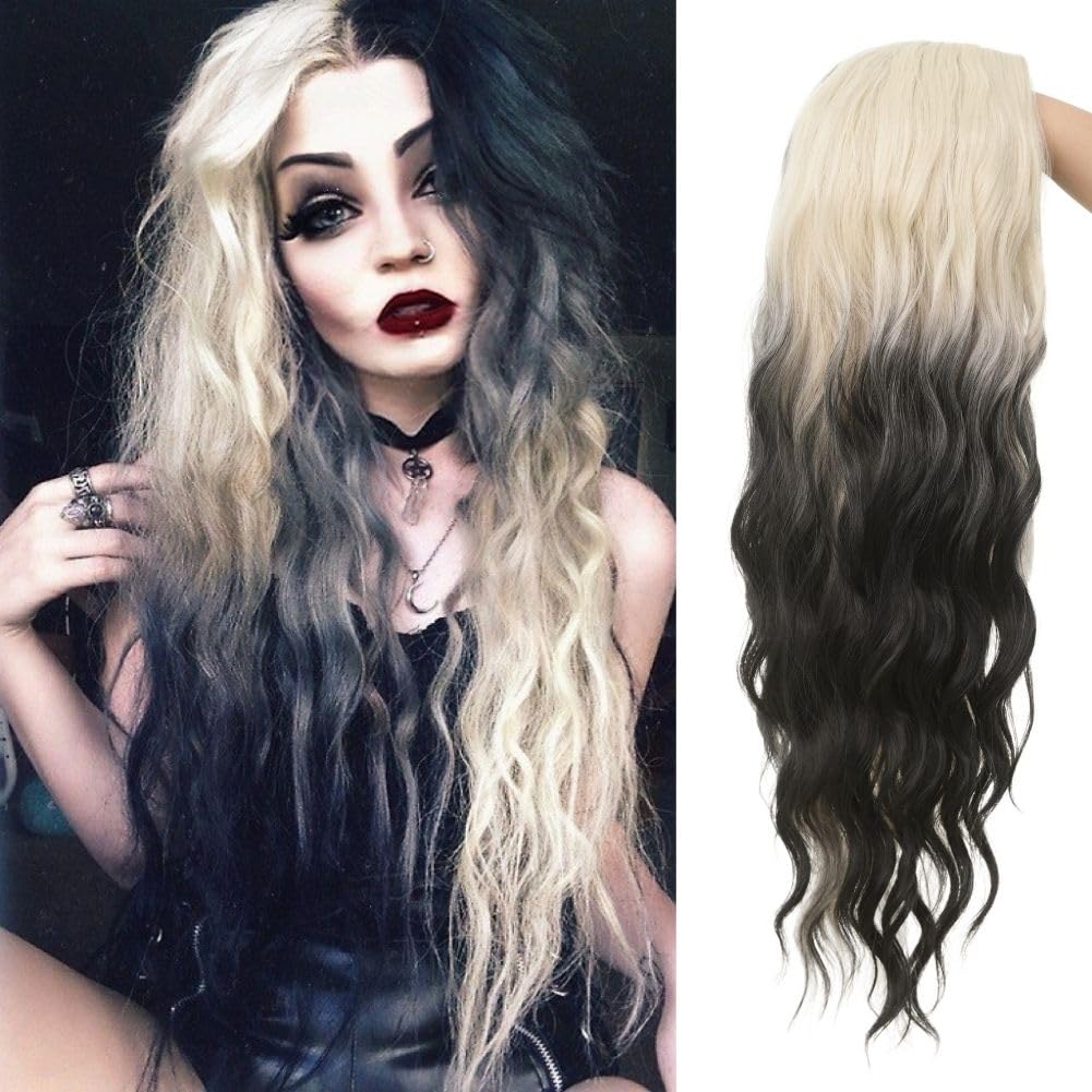 Siudus White and Black Wigs for Women Long Curly Wavy Hair Wig Synthetic Natural Middle Part Wig for Halloween Cosplay Use