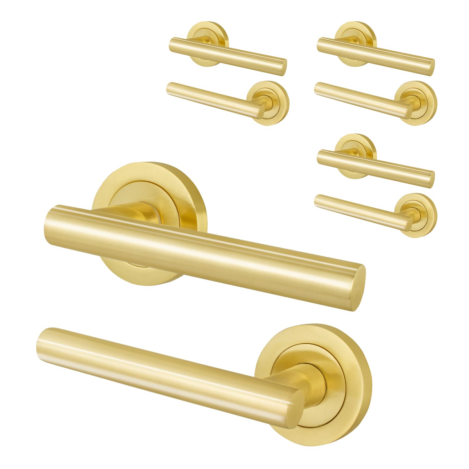 EAI Satin Brass Door Handle, 4 Pairs of Internal T-Bar Lever on Rose Door Handles - Oliena Range