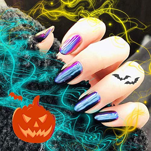 24 Pcs Halloween Fake Nails Long Oval Foil Nails Full Cover Nail Art Medium FALSE Gel Nails Tips Sets for Women Teens Girls (Mirror Aurora)