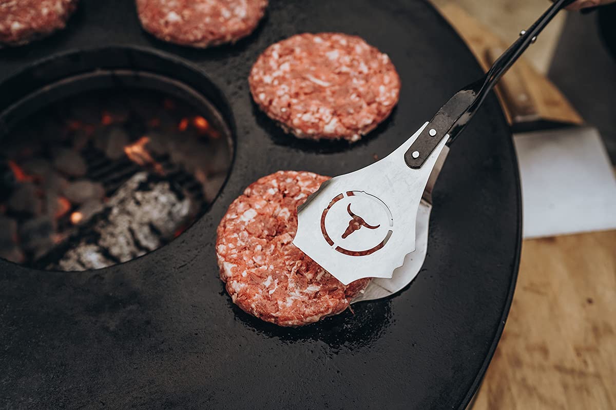 MOESTA-BBQ 19296 V-Tong BurgerZange 46cm - Burger-Patty-Grillzange lang mit Holzgriff - Edelstahl-Wendezange für Hackfleisch