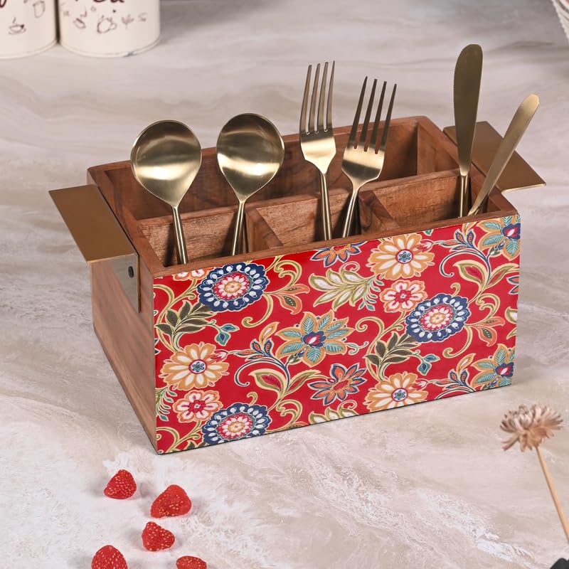 Image of Wooden Cutlery Holder for Kitchen - Handcrafted Floral Design with Sturdy Handles | Utensil & Tissue Organizer for Dining Table & Office - Red (Printed)