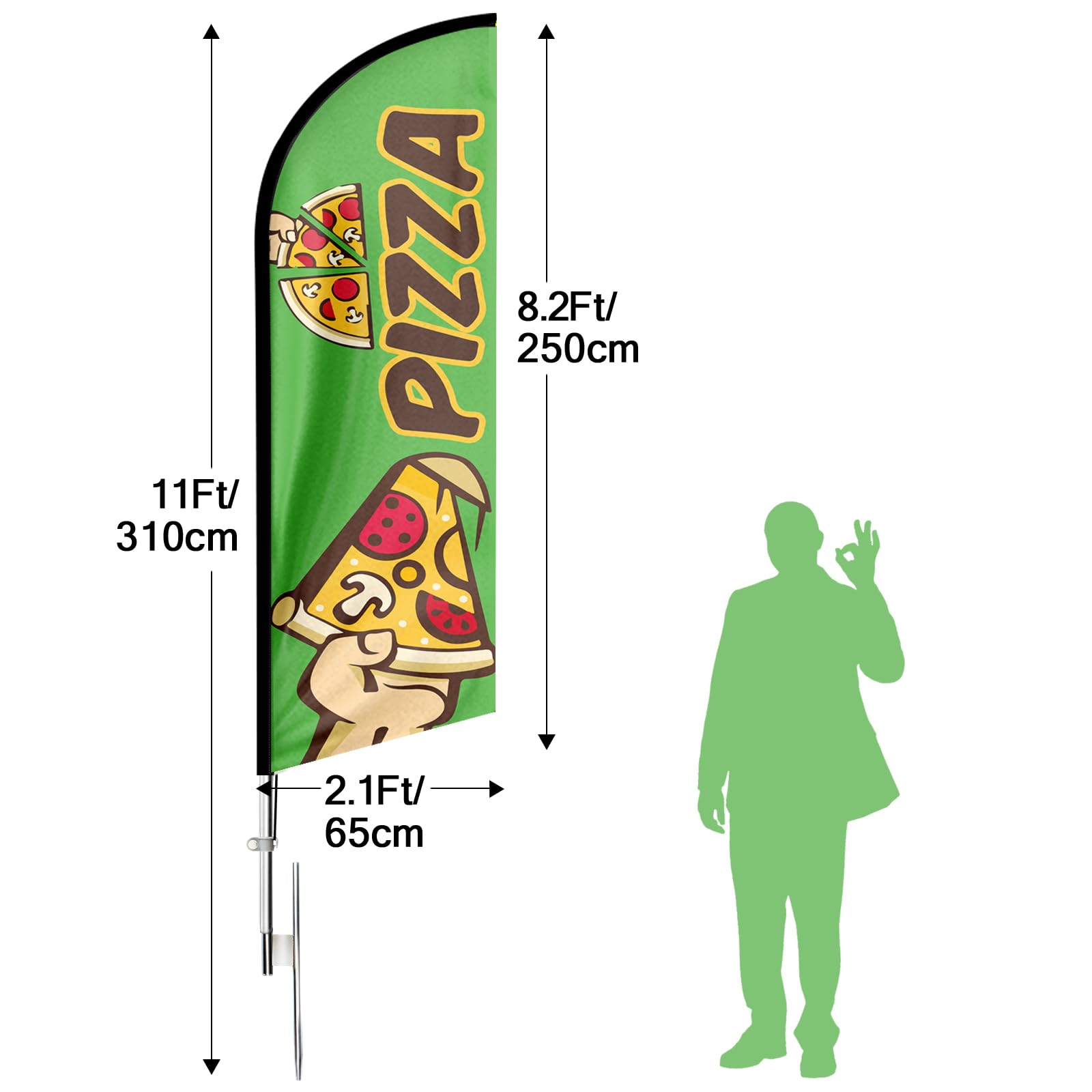 Bandiera pubblicitaria con pizza, 3,9 m, con kit di aste, picchetto, cartello con piume per aziende e vetrine (stile 1)