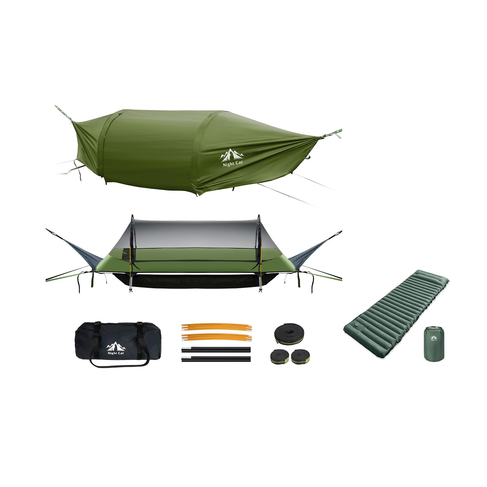 Night Cat Hamac Tente Fond Plat pour 1 Personne avec Moustiquaire Couverture Imperméable avec Matelas Gonflable Léger