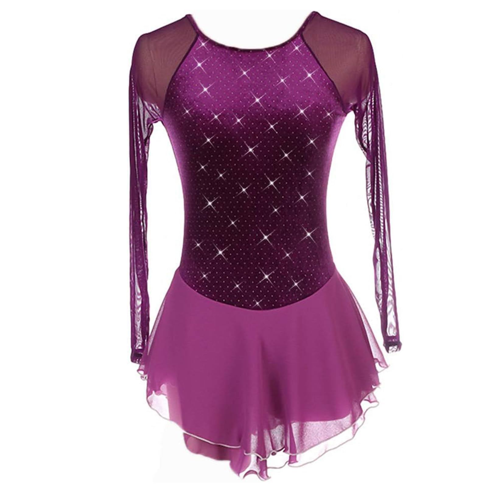Vestido de Patinaje artístico para niñas, Color Morado, con Diamantes de imitación, Manga Larga, Disfraz de Baile