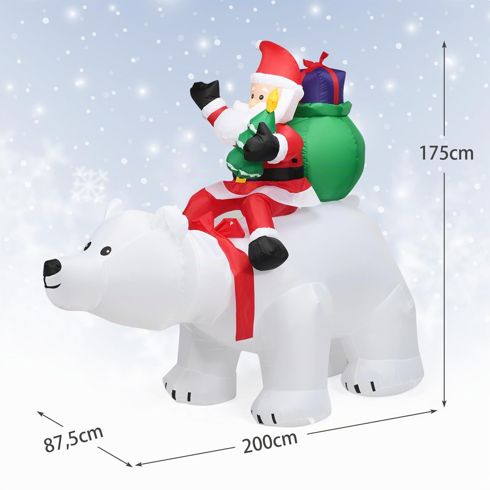 SOARS aufblasbarer Weihnachtsmann auf Eisbär, Weihnachten Eisbär mit wackelndem Kopf, LED, Weihnachtsdeko aussen XXL, Weihnachtsfigur, Weihnachtsbeleuchtung, 200 x 87,5 x 175cm