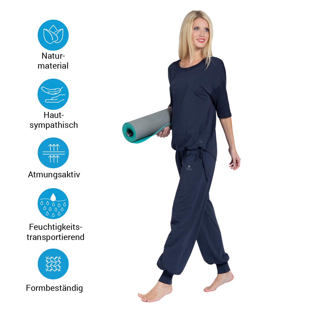 Magadi Camiseta de yoga Sara Navy para mujer, de algodón orgánico, camiseta deportiva para yoga, pilates, gimnasio, sostenible y justo., azul, extra-small