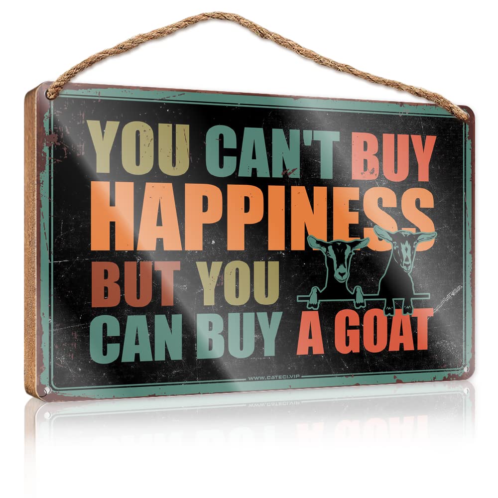 FZFN Small No Soliciting Sign For House You Can'T Buy Happiness But You Can Buy A Goat Wooden Sign Farm Hanging Door Sign Outdoor Signs And Decor(23X35CM)