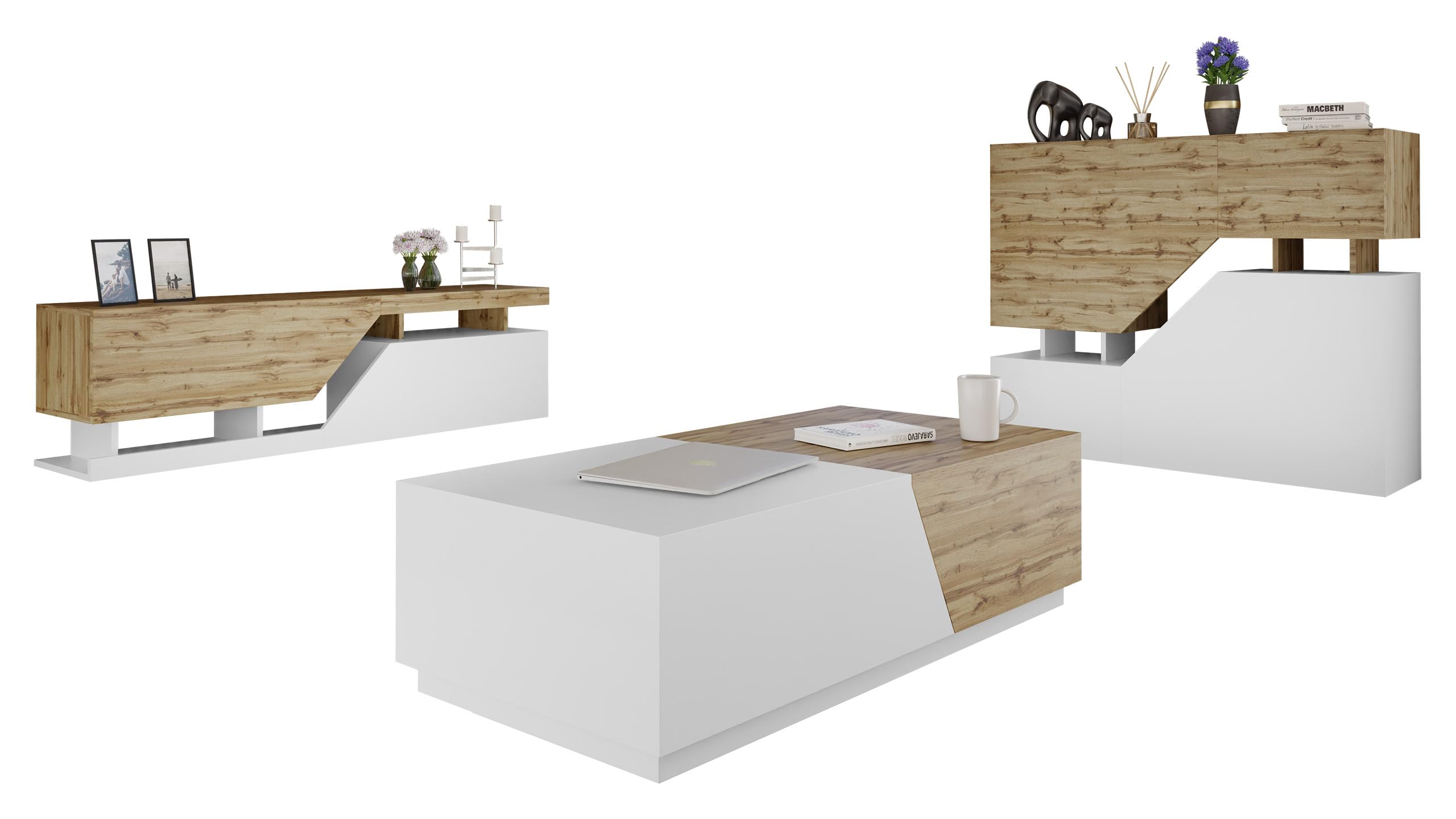 Ensemble de Meubles de Salon NESEZI - Commode, Table Basse et Meuble TV Couleur Blanc et Bois